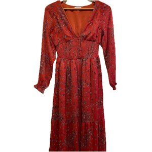 PATRONS OF PEACE Rust Floral Long Sheer Sleeve Shirred Waist Maxi Dress Sz XS